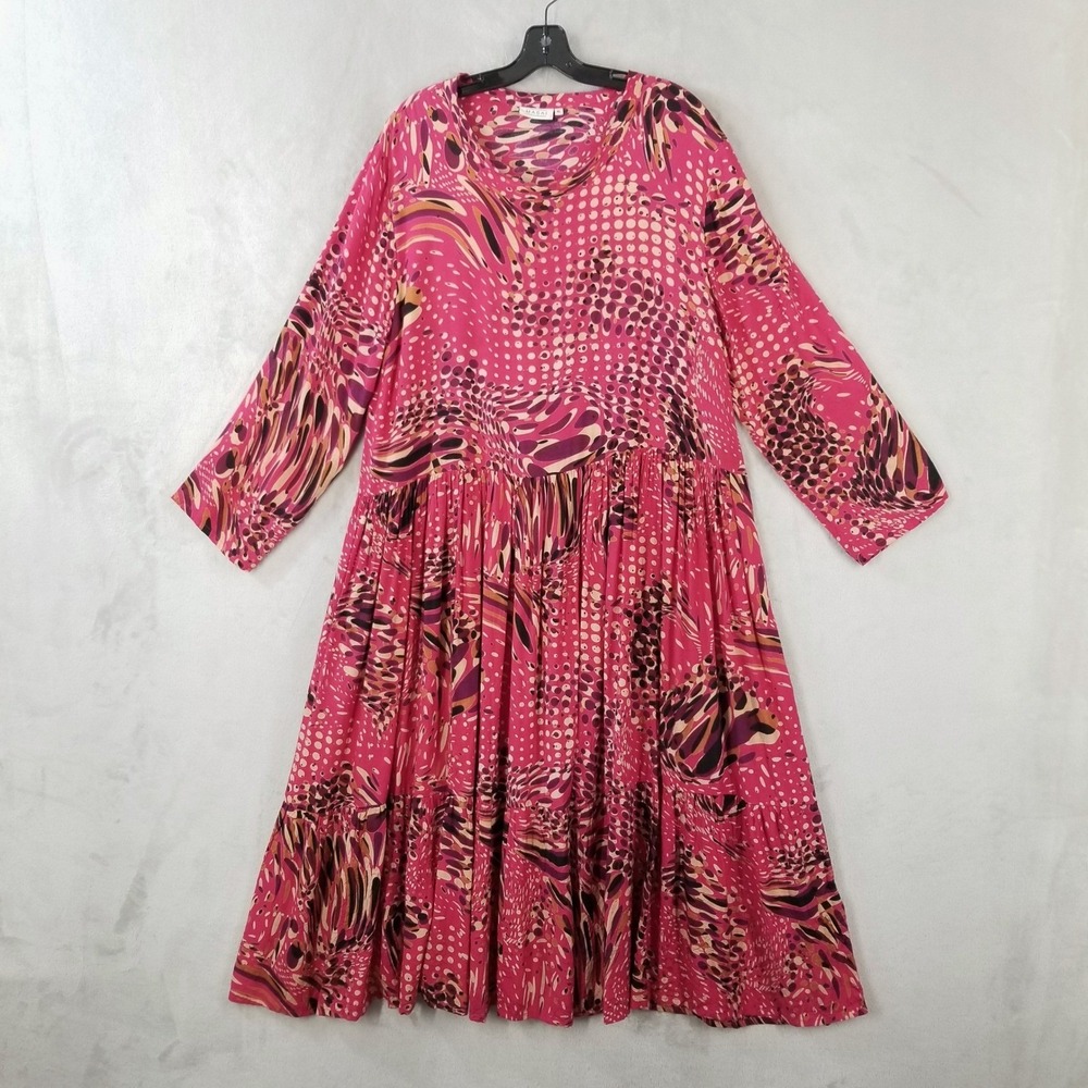 Masai Copenhagen Midi Dress XL Pink Abstract Mod Print Tiered‎ Lagenlook Flowy
